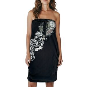 🔃Ecko Red Allover Print Black Ruched Side Tube Bodycon Dress